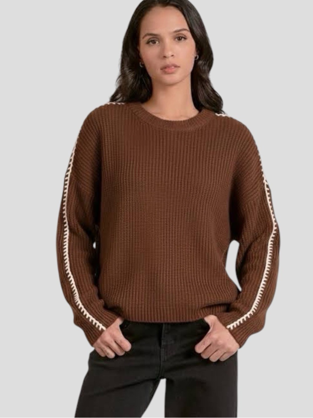 Elan Ribbed Blanket Stitch Sweater Brown M Granola Girl Cozy Indie Boho Earthy - Picture 3 of 12